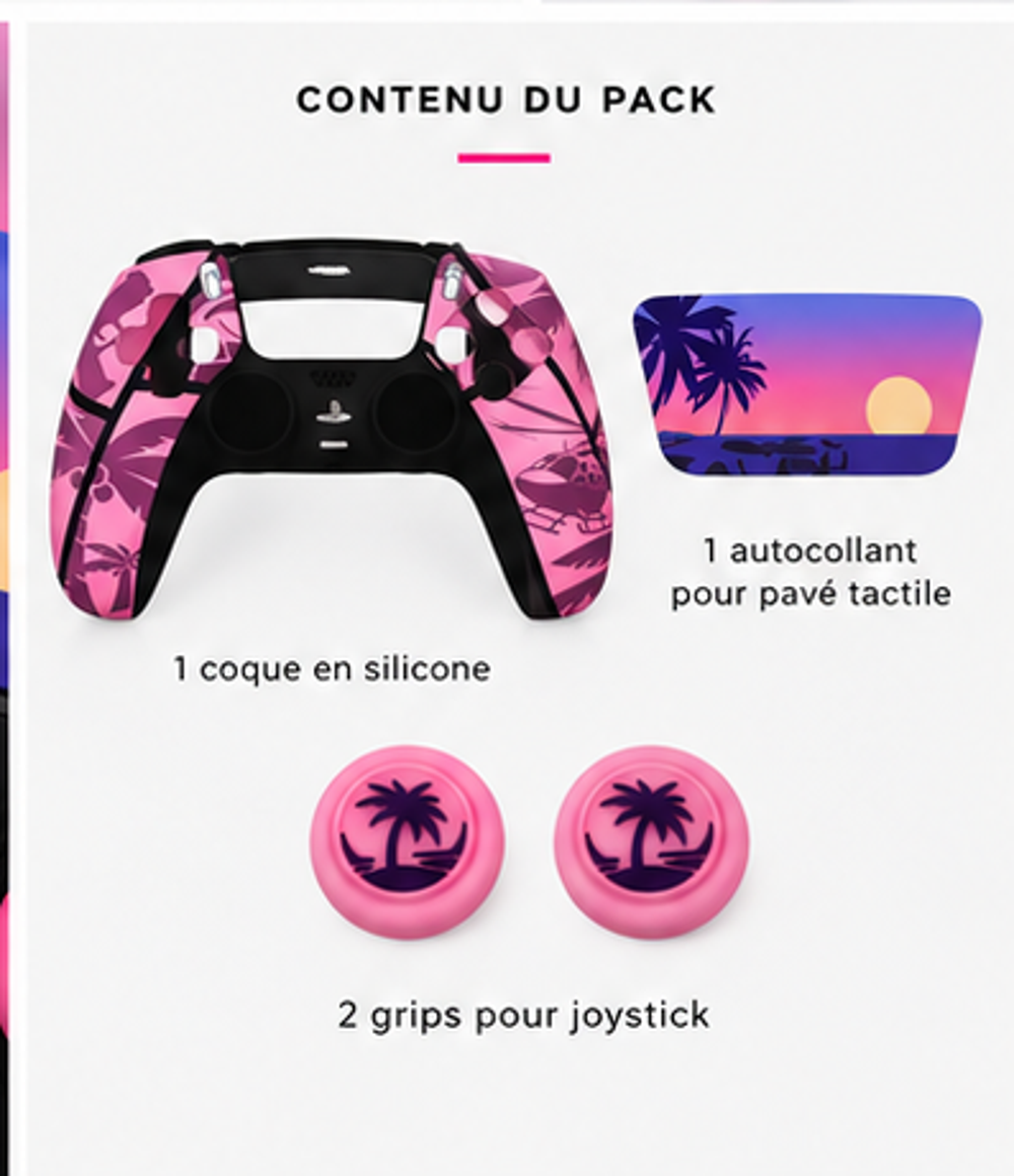 KYNEX Sunset Vibes — contenu du pack avec housse silicone, pavé tactile et grips
